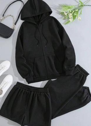 Базовий жіночий літній спортивний костюм трійка з шортами та штанами🔥 шорти, штани джогери та зіп-худі, чорний/ сірий1 фото