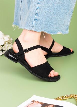 Стильные черные замшевые босоножки сандалии низкий ход