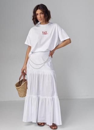 Женская белая длинная широкая юбка с ожерельем из жемчужин с подкладкой4 фото