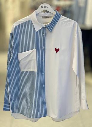 Женская хлопковая асимметричная качественная рубашка комбинированная с сердечком блуза блузка3 фото