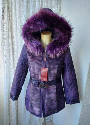 Куртка теплая осень зима капюшон натуральный мех р.46-48