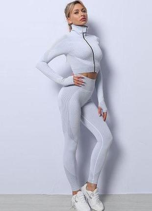 Жіночий фітнес костюм трійка сірий (легінси,топ,рашгард)