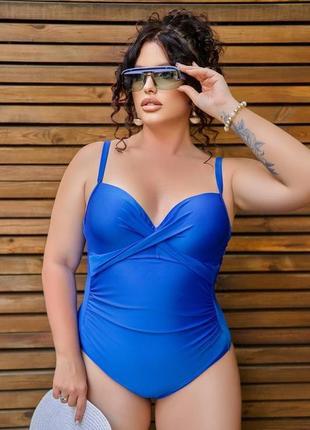 Жіночий синій суцільний купальник на бретелях великих розмірів2 фото