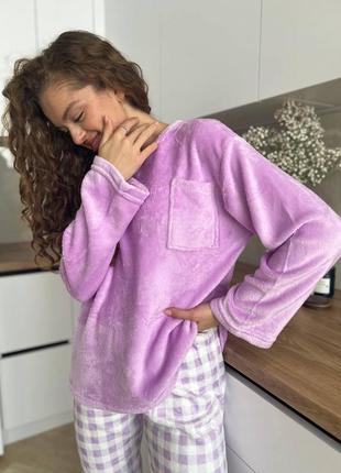Жіноча тепла махрова піжама фіолетова, штани в клітинку4 фото