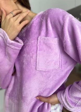Жіноча тепла махрова піжама фіолетова, штани в клітинку6 фото