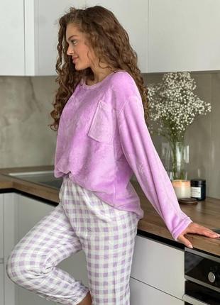 Жіноча тепла махрова піжама фіолетова, штани в клітинку7 фото
