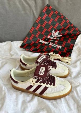 Кроссовки кожа + замша adidas samba wales bonner cream bordo