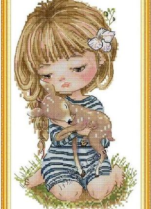 Набор для вышивания по нанесённой на канву схеме "girl holding a fawn". aida 14ct printed, 18*29 см