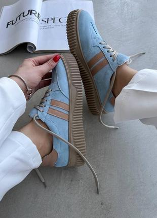 Кроссовки кеды натуральный замш кожа голубые бежевые адидас газель самба