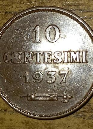 Монета "10 чентезімо" сан-марино, 1937 рік. xf-unc2 фото
