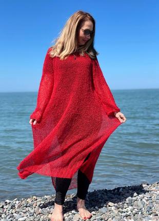 Платье свитер длинное красное паутинка вязаная мохеровая3 фото