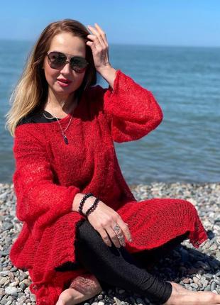 Платье свитер длинное красное паутинка вязаная мохеровая8 фото