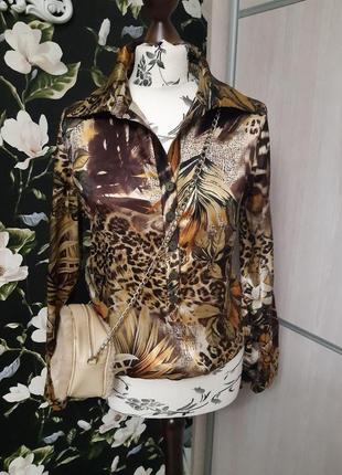 Роскошная атласная рубашка блуза принт леопардовый, блуза