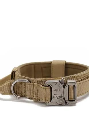 Тактический ошейник повышенной прочности с ручкой и металлической застежкой бежевый