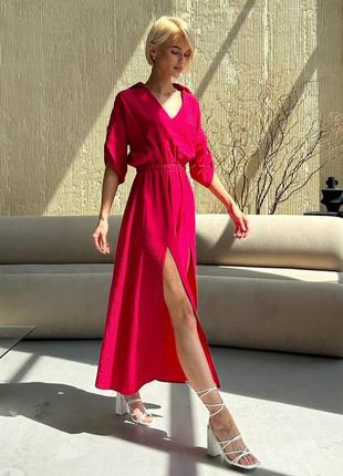 Плаття жіноче міді лляне, літнє з високими розрізами, малинове3 фото