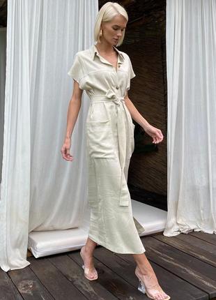 Плаття-сорочка жіноче, міді, лляне, на ґудзиках, літнє, з кишенями, поясом, бежеве3 фото