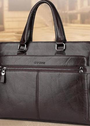 Мужская деловая сумка для документов на работу офисная, модный мужской деловой портфель формат а4 черный темно-коричневый1 фото