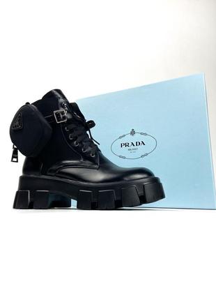Женские ботинки prada leather boots nylon pouch monolith low black, черные кожаные ботинки прада монолит2 фото