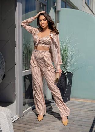 Костюм тройка рубашка + топ + штаны  в полоску полосатый черный синий голубой бежевый зелёный бюстье блуза туника кимоно брюки палаццо