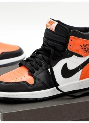 Мужские кроссовки nike air jordan 1 retro high orange white black, оранжевые кожаные найк аир джордан 1 ретро