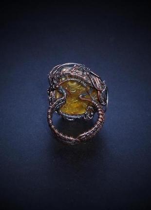 Кольцо с янтарём. кольцо, янтарь, медь, wire wrap.10 фото