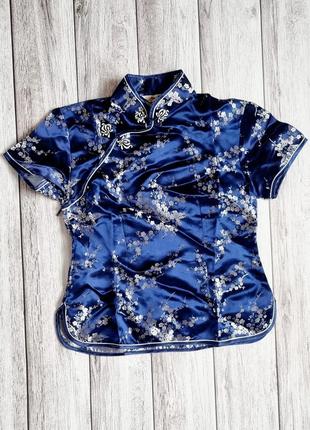 Блуза ципао в японському стилі шовкрва синя у квітах