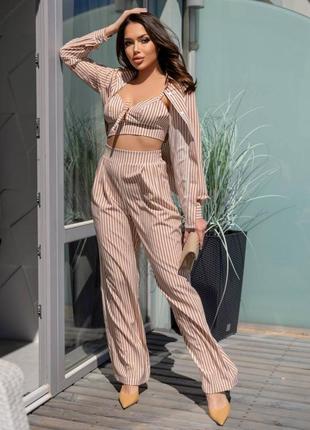Костюм тройка рубашка + топ + штаны  в полоску полосатый черный синий голубой бежевый зелёный бюстье блуза туника кимоно брюки палаццо