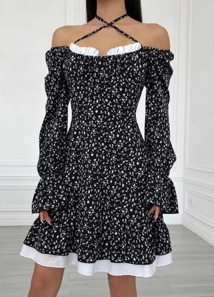 Платье мини женское короткое приталенное с длинными рукавами черное в принт3 фото