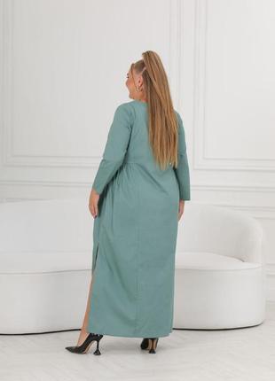 Платье длинное макси с брошкой свободное котон коричневое мятное батал прямое с длинными рукавами6 фото