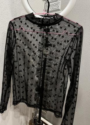Прозрачная блуза топ сетка сердечки принт сексуальная женская водолазка блузка
