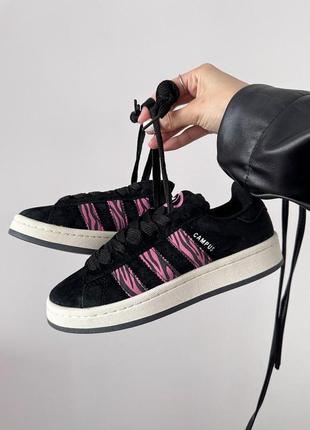 Крутейшие женские кроссовки adidas campus black pink zebra premium чёрные лого зебра2 фото