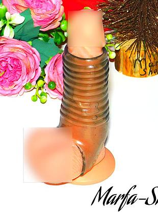 Насадка для збільшення пенісу з відкритою головкою, насадка на пеніс ребриста, силіконова, чорна, 11,8 см