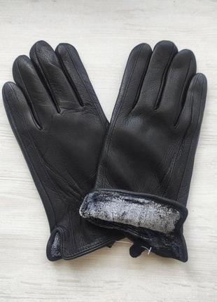 Чоловічі шкіряні рукавички з оленячої шкіри, підкладка махра, чорні