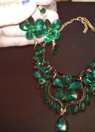 Комплект изумрудное ожерелье колье ожерелья подвеска и серьги3 фото