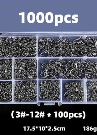 Рибальські гачки набір 1000 шт. розміри (3-12), 10 різновидів за 100 шт. кожного. гачки для риболовлі2 фото