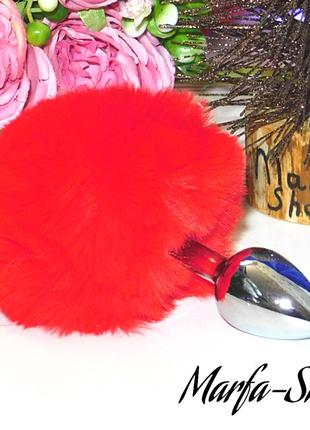 Анальна пробка "хвіст зайчика", червоний, металева анальна пробка, заячий хвіст, ms12