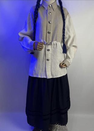 Австрия винтажная свободного удлиненного фасона оверсайз льняная плотная рубашка блуза кофта этнический стиль этно одежда3 фото