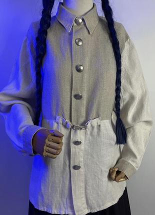 Австрия винтажная свободного удлиненного фасона оверсайз льняная плотная рубашка блуза кофта этнический стиль этно одежда4 фото