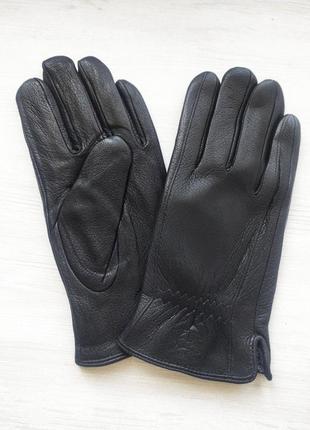 Шкіряні чоловічі рукавички з оленячої шкіри, підкладка в'язання, чорні3 фото