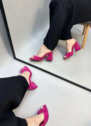 Фуксия малиновые розовые кожаные шлепанцы на каблуке сабо7 фото