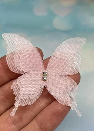 Бабочка шифоновая (трехслойная), размер 4,5 см*4,8 см, цвет светло-розовый, 1 шт , рожевий2 фото