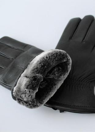 Чоловічі шкіряні рукавички перчатки зимові, штучне хутро чорні1 фото