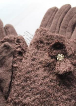 Женские кашемировые перчатки с вязкой коричневые2 фото
