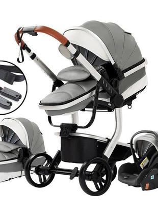 Коляска детская универсальная 3 в 1 коричневая из эко кожа детская коляска автокресло