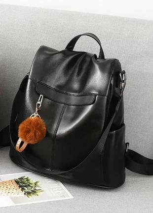 Женский кожаный черный городской рюкзак ранець портфель сумка рюкзак-сумка 2в13 фото