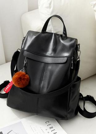 Женский кожаный черный городской рюкзак ранець портфель сумка рюкзак-сумка 2в12 фото