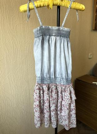 Детский сарафан платье джинсовый юбка в цветочек шифоновая
