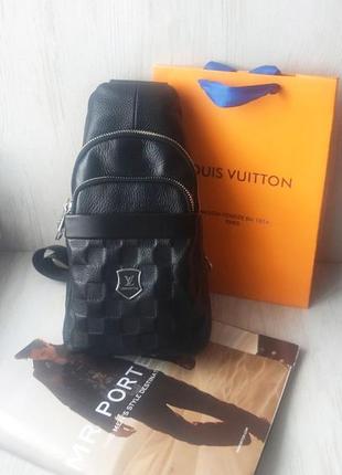 Чоловіча шкіряна сумка слінг louis vuitton black через плече чорна