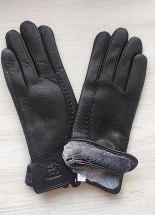 Женские кожаные перчатки из оленьей кожи, подкладка махра black1 фото