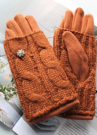 Жіночі кашемірові рукавички з в'язкою руді1 фото